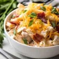 The cold chicken bacon ranch pasta in a bowl.