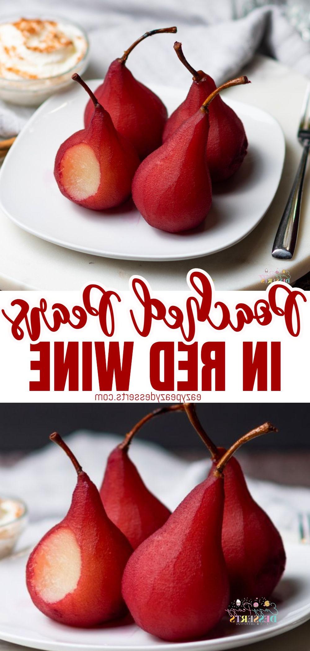 Photo collage of poached pears in red wine