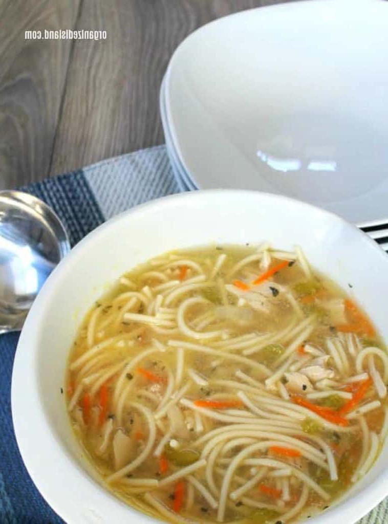 bowl of chicken soup with spaghetti noodles