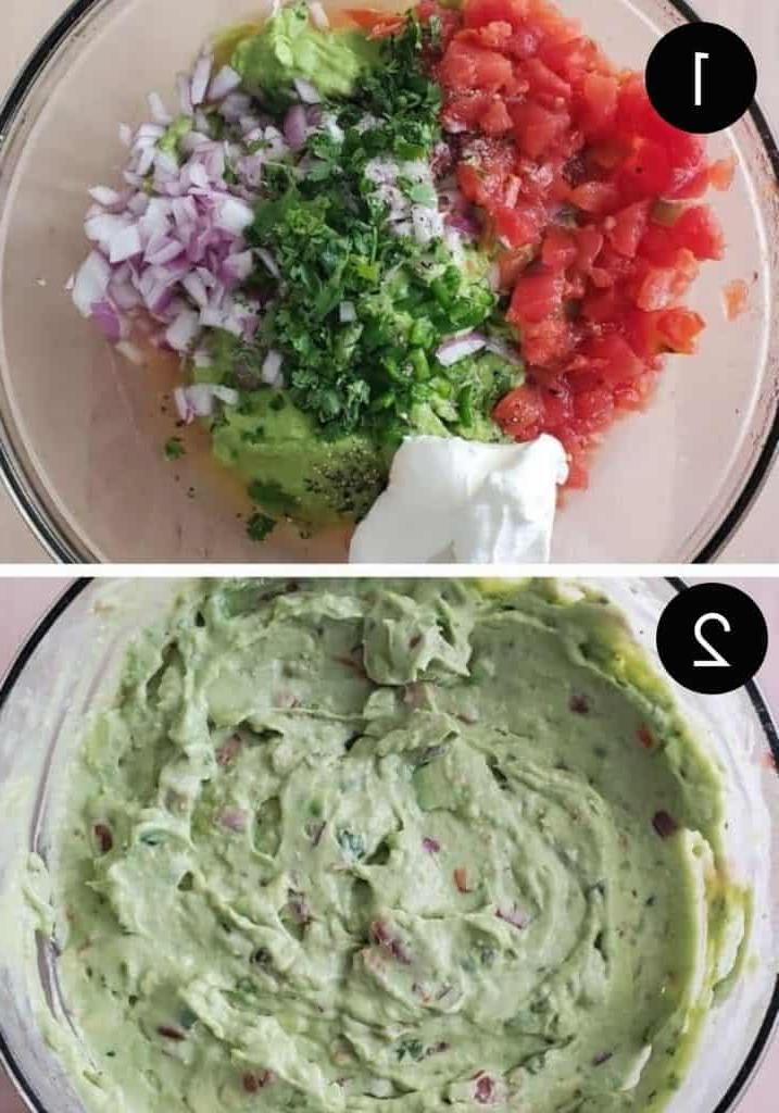 Two prep images with white number showing guacamole being combined in glass bowl.