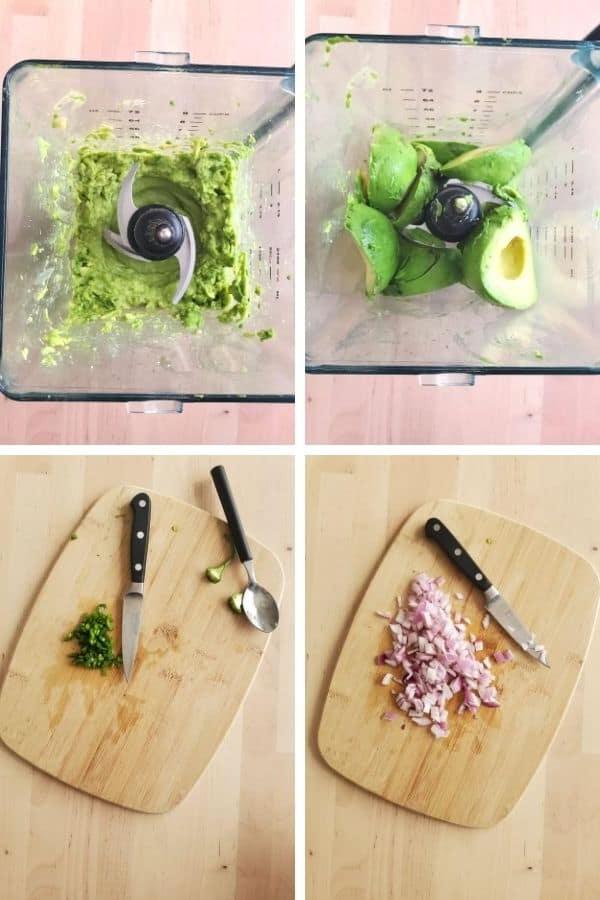 Four prep images of ingredients being prepared.