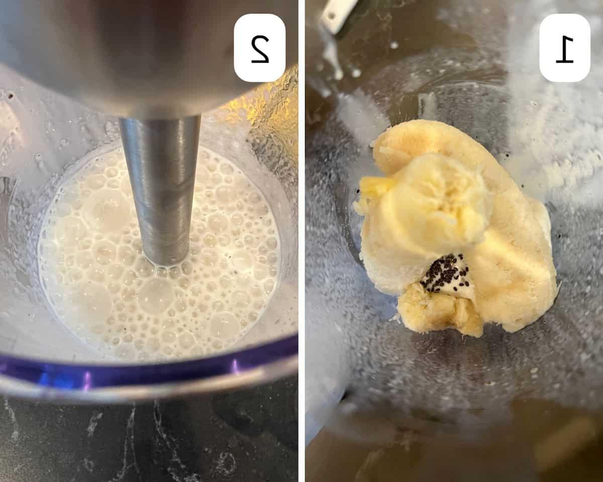 Two images side by side showing how to make a banana milkshake using an immersion blender.