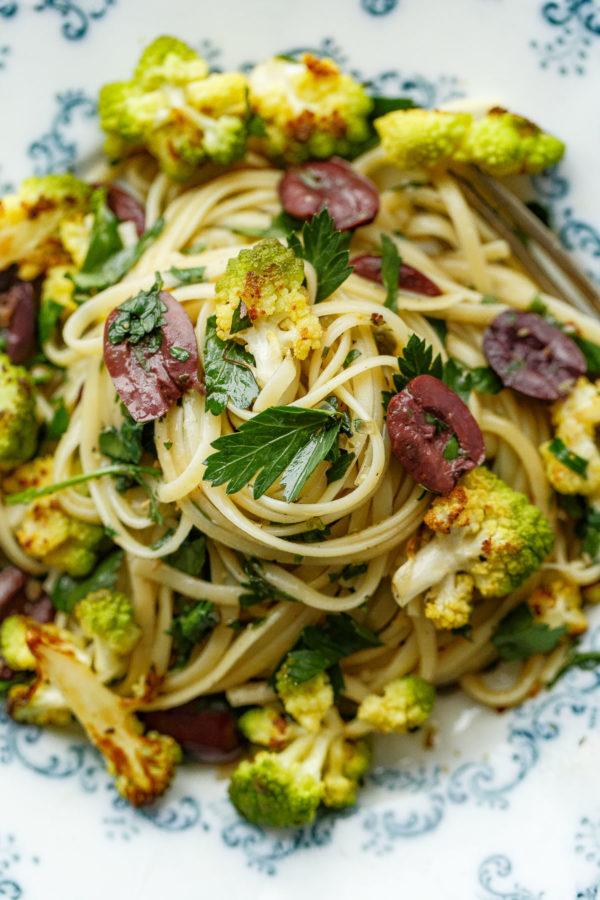 Romanesco Cauliflower Pasta with Olives, Capers, and Parsley