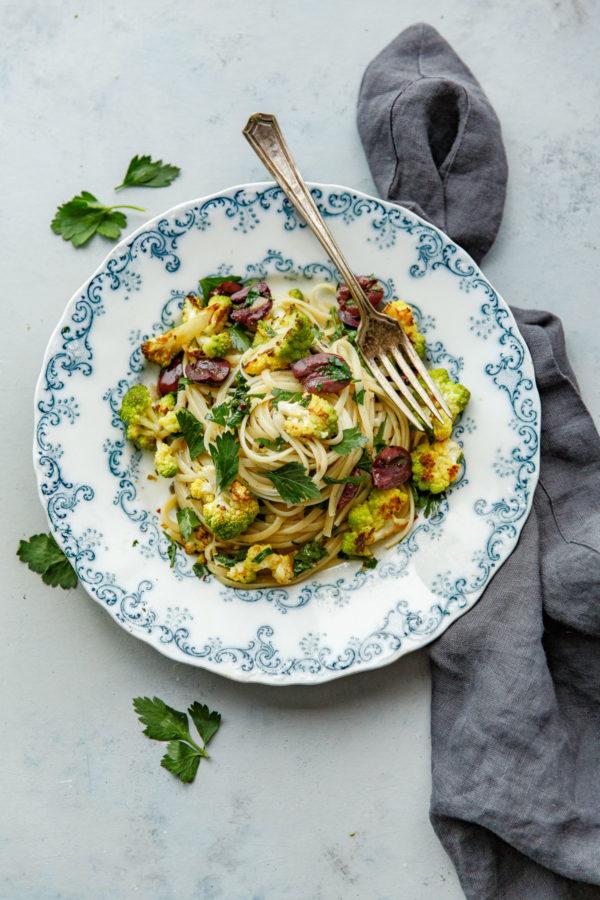 Romanesco Cauliflower Pasta with Olives, Capers, and Parsley 