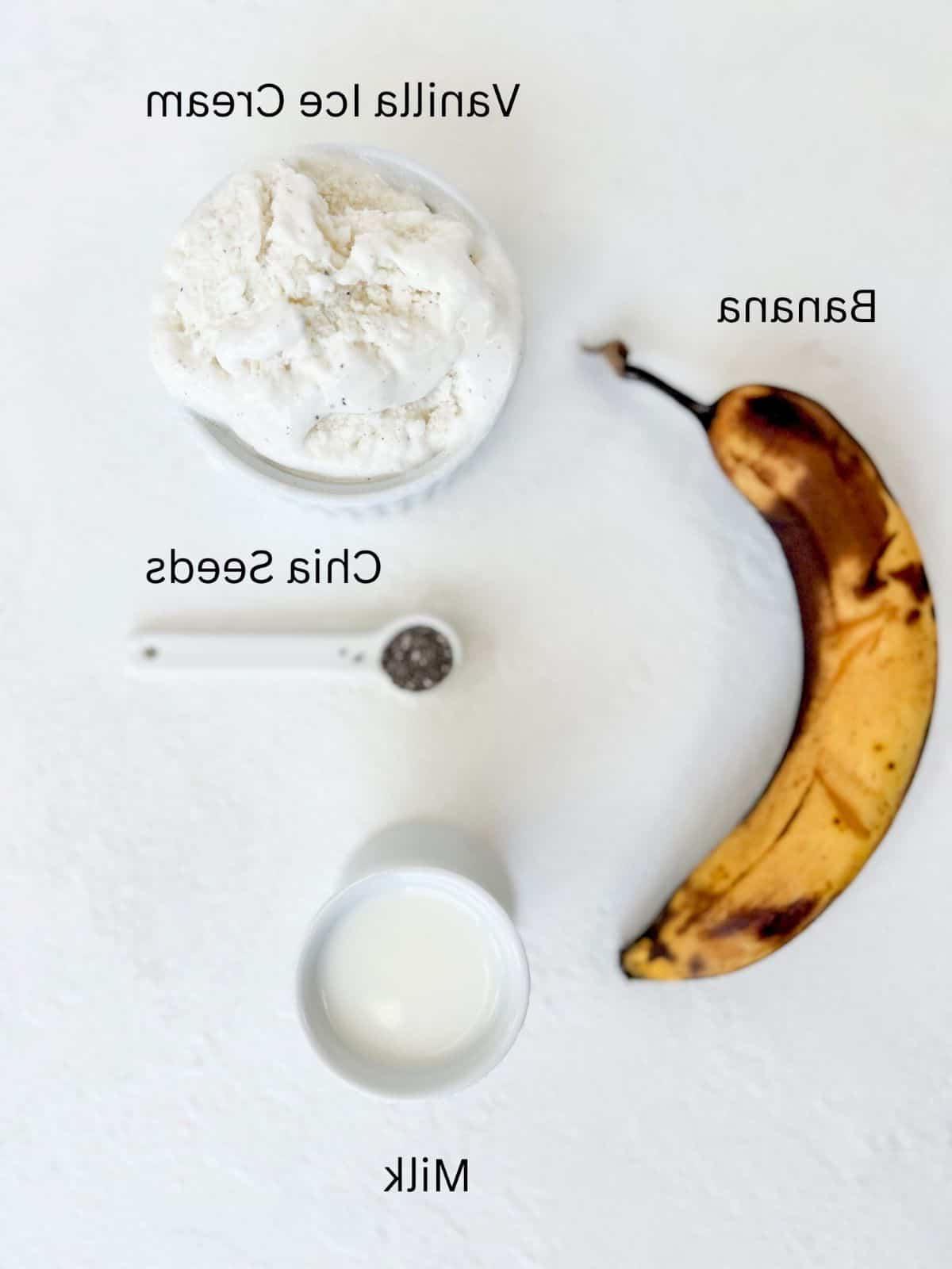 One banana, one scoop of vanilla ice cream, milk, and chia seeds, labeled.